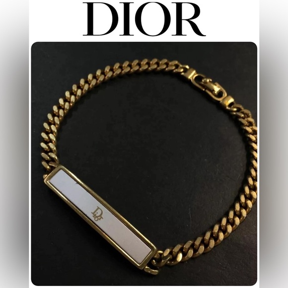 Dior Gold Curb Chain Bracelet W Logo Plaque White Accent